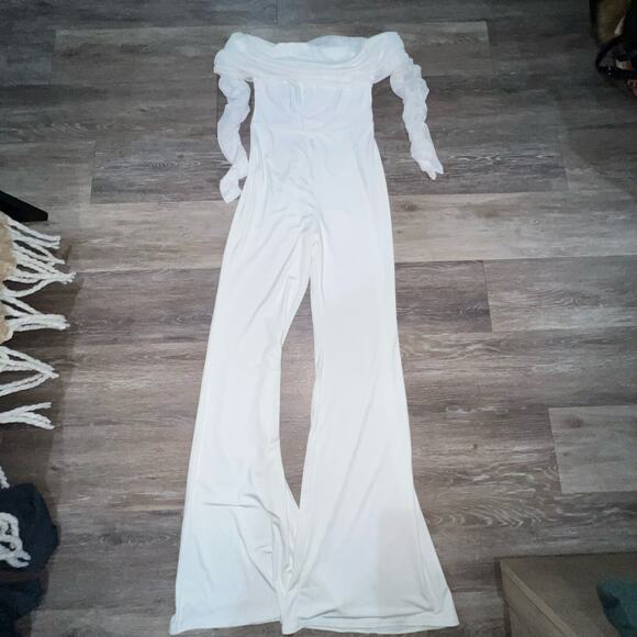 Club L London Whisper White Ruched Mesh Bardot Jumpsuit Size 8 - Picture 5 of 5